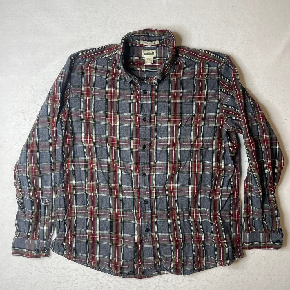 LL Bean Traditional Fit Plaid Flannel Shirt Mens XL Regular Cotton Green